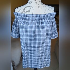 MICHAEL KORS Plaid Blue & White Cotton Off the Shoulder Ruffled Blouse Size PM